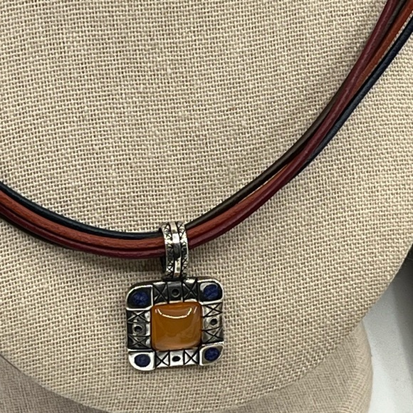 Vintage Ava Yetter Southwestern Pendant Necklace – Amber, Lapis, 925 Sterling - Picture 5 of 17